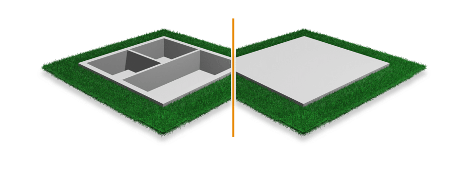 Grafische Gegenüberstellung eines Kellers und einer Bodenplatte für ein Haus